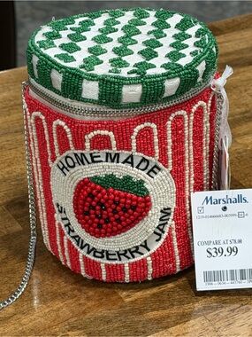 Marshalls Red White and Green Beaded Strawberry Cylinder Crossbody